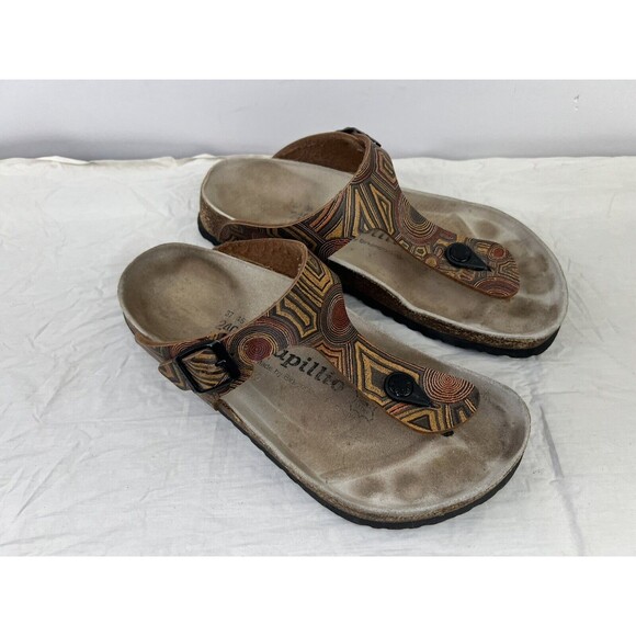 Papillio Birkenstock Gizeh Brown Geometric Pattern Sandals Thong Size 37‎ L6 M4 - Picture 1 of 11